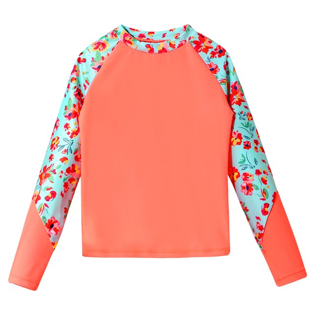 YONGHS Kids Girls Floral Long Sleeve Upf 50+ Rashguard Shirts Quick Dry Swim Top Tankini Swimsuits Orange 16