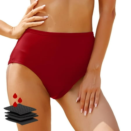 KONDYS Women Black High Waisted Bikini Bottoms Retro Basic Full Coverage Swimsuit Mid-Waist Bathing Suit Bottom Beachwear Swimwear Leisure