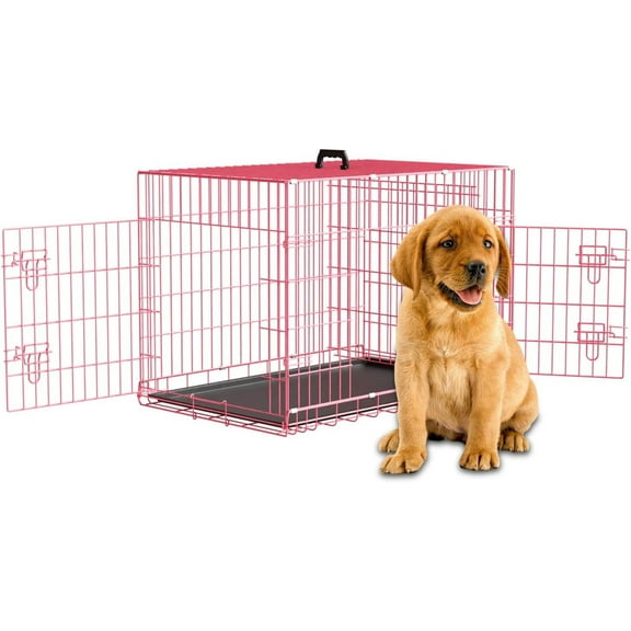 GREOKL Versatile & Durable Double Door Folding Metal Dog Crate Includes Adjustable Divider, Leak-Proof Pan & Quick-Fold Design for Effortless Setup, 36.0"L x 22.5"W x 24.0"H Pink