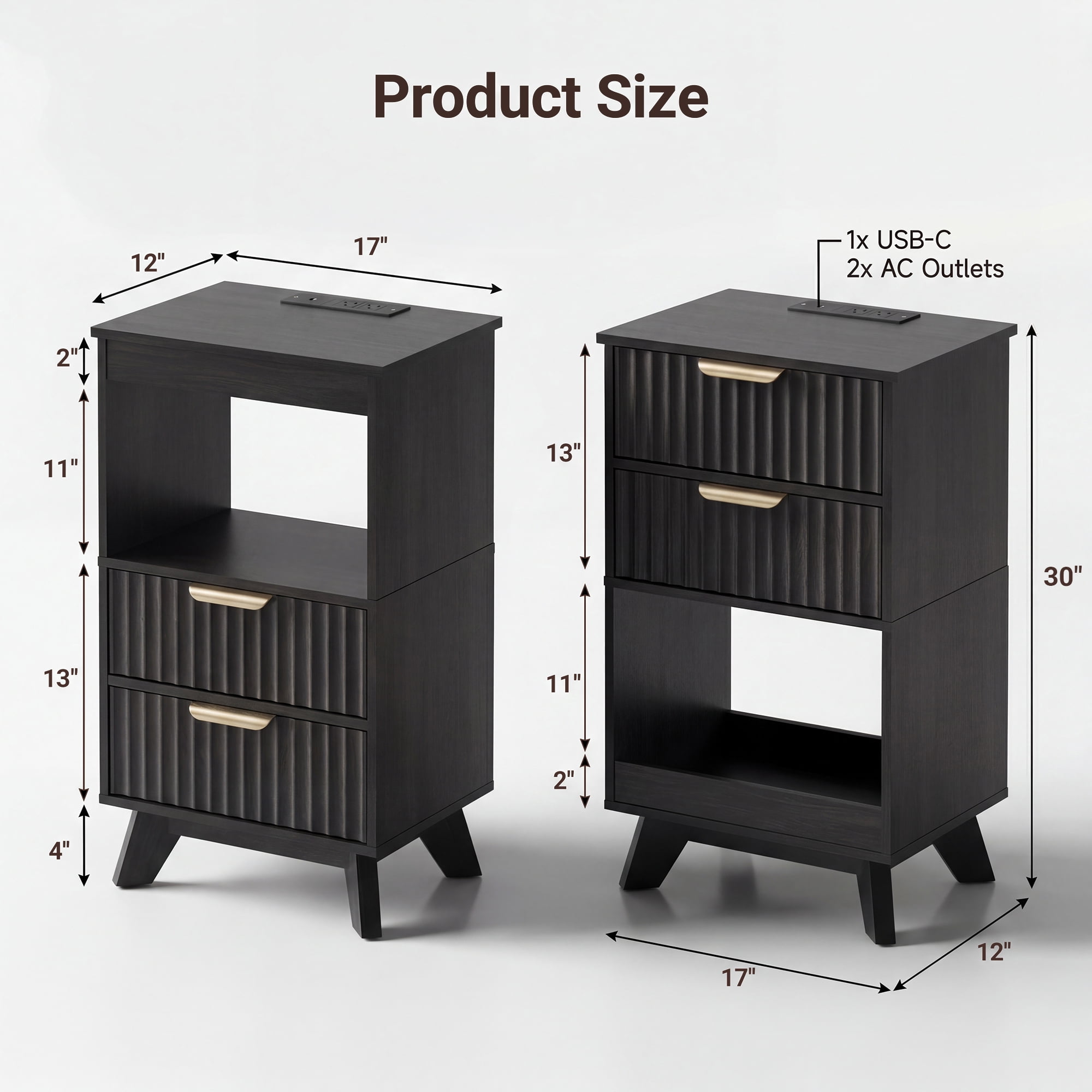 YDN Modern Tall Nightstand Set of 2 - Bedside Table with Fluted Design & Charging Station, Wooden Bedsides End Table with Large Open Shelf for Bedroom, Living Room,Black