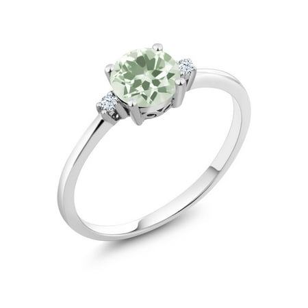 Deep Green Sapphire - 10K White Gold Ring Round Green Prasiolite White Created Sapphire (0.98 cttw)