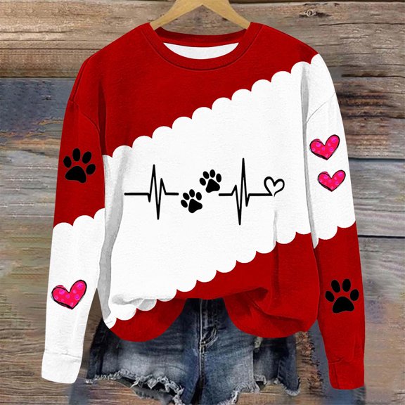 Tawop Hoodless Sweatshirt for Women Tops Sweatshirt Crew Neck Long Sleeve Pullover Graphic Heart Dog Red S