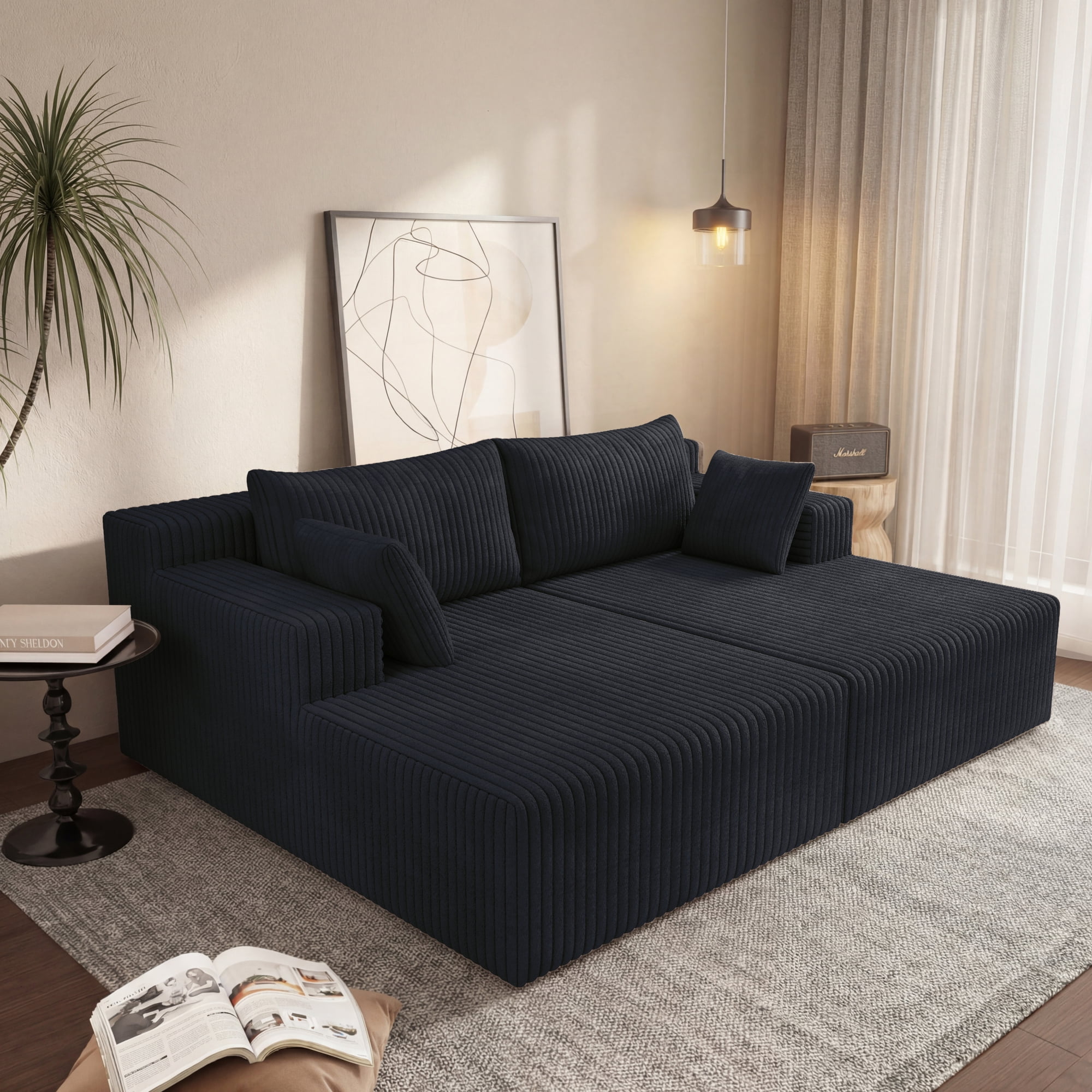HOQBN 71" Oversized Double Chaise Lounges Indoor,Upholstered Corduroy Boneless Couch with 4 Pillows,Reading Lazy Cloud Plush Sofa Bed for Living Room, Bedroom,No Assembly,Antique Black
