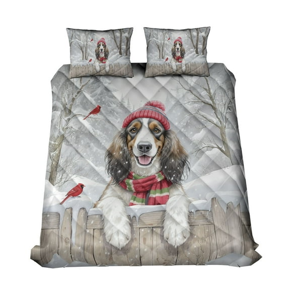 Playful Afghan Hound Welcomes Winter Snowy Day with Cardinal Bird Quilt Bedding Set Dog Lover 1 Blanket Bed Cover 2 Pillowcases - 12017