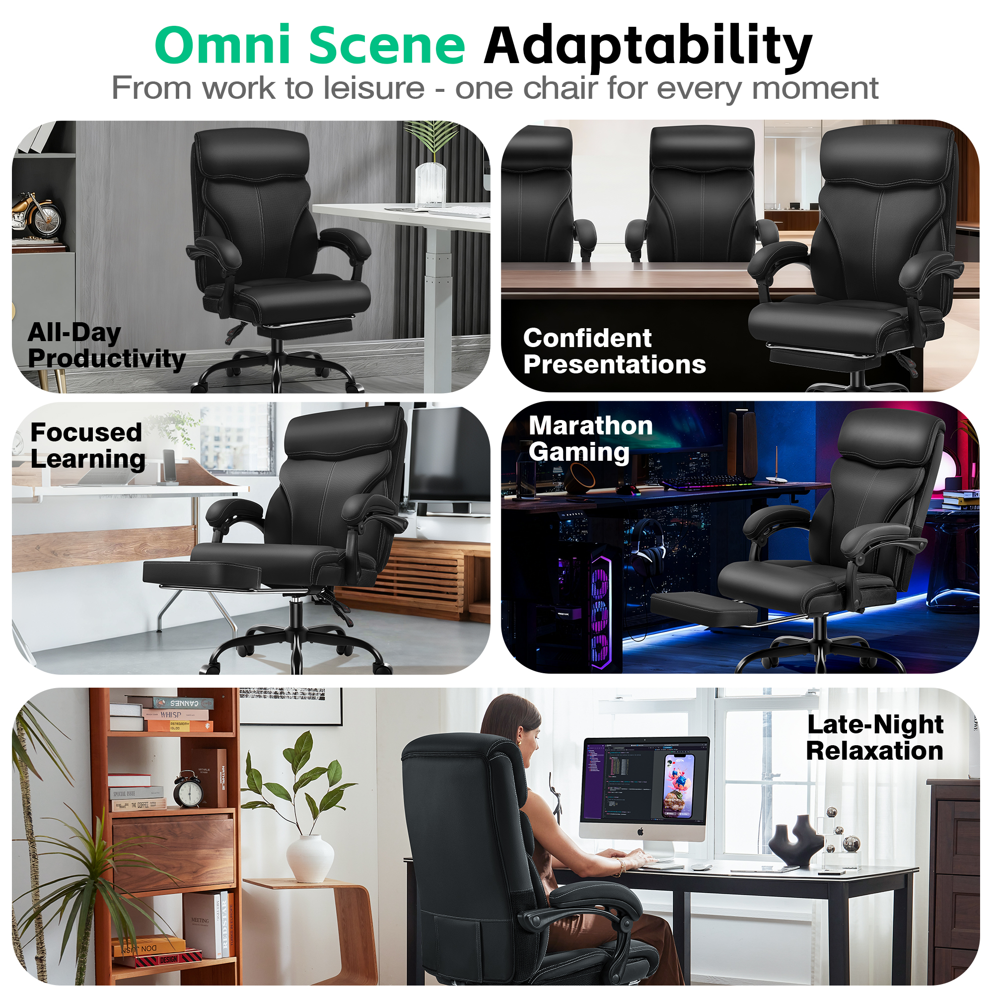 Dhole Ergonomic Office Chair with Footrest, High-Back Desk Chair with Lumbar Support and Flip-Up Arms, PU Leather Swivel Computer Task Chair for Home Office, Adjustable Rolling Chair