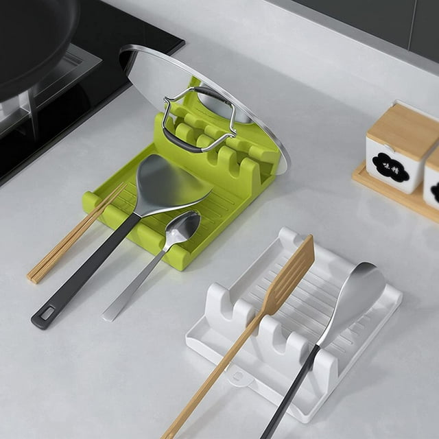 Spoon Rest, 2 PCS Kitchen Utensil Rest for Stove Top, Hanging Design 4+2 Slots, Accommodate Multiple Spatula Ladle Plastic Spoon Rest, Drip Pad & Pot Lid Holder Cooking Mat (White & Green)
