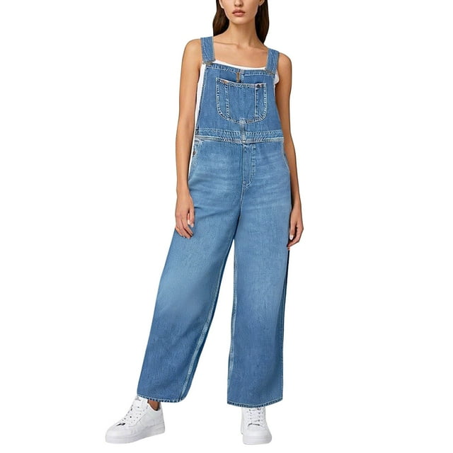 TrendOFT Combinaison d'Été Décontractée pour Femmes Grande Taille Classique en Denim Jambe Droite Bretelles Réglables Combinaison une Pièce Bleue P