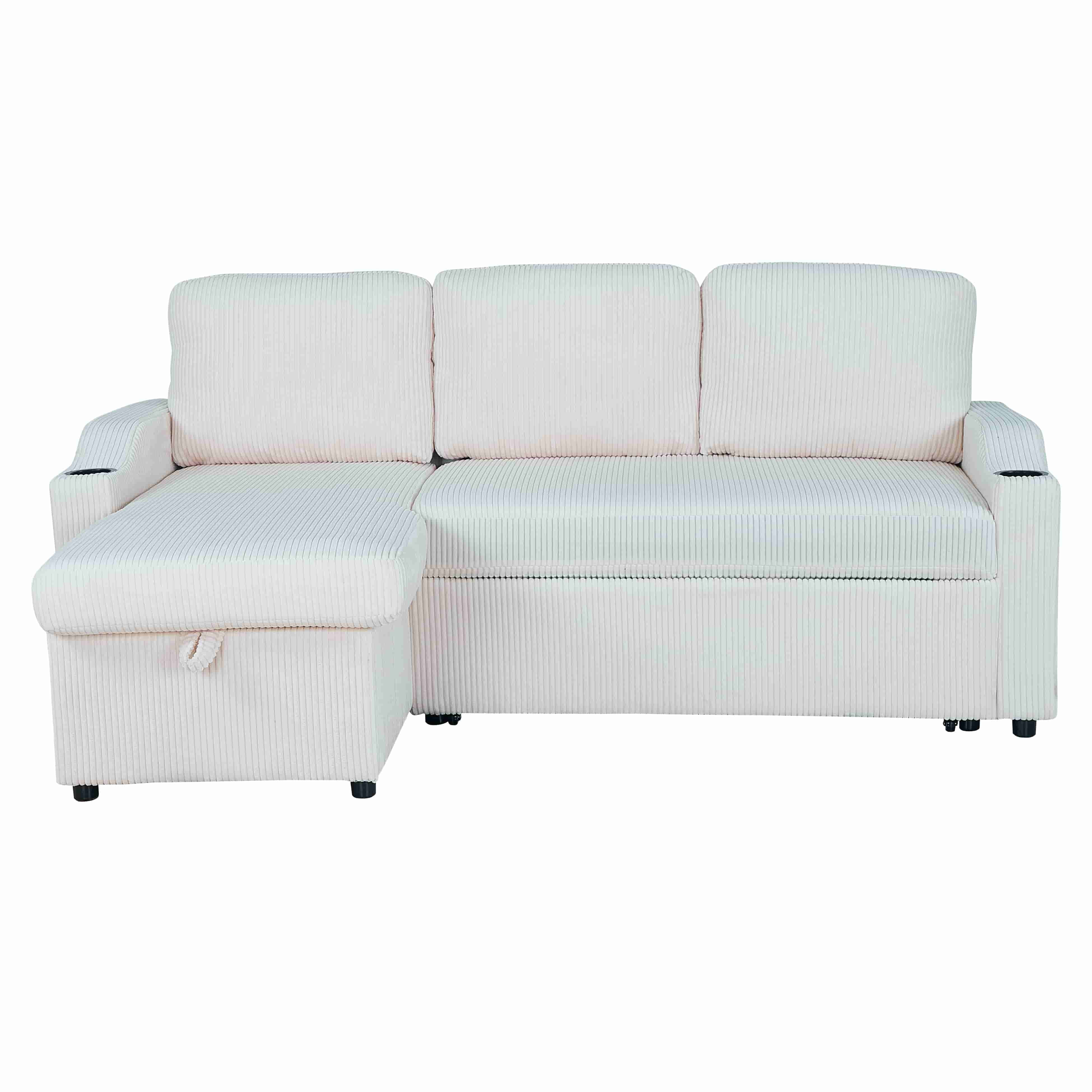 BSHTI Modern L-Shaped Sectional Sofa Bed, Solid Wood Frame, Corduroy Fabric Cover, 2 In 1 Pull-Out Sleeper Bed Sofa, Hidden Storage Space, Beige