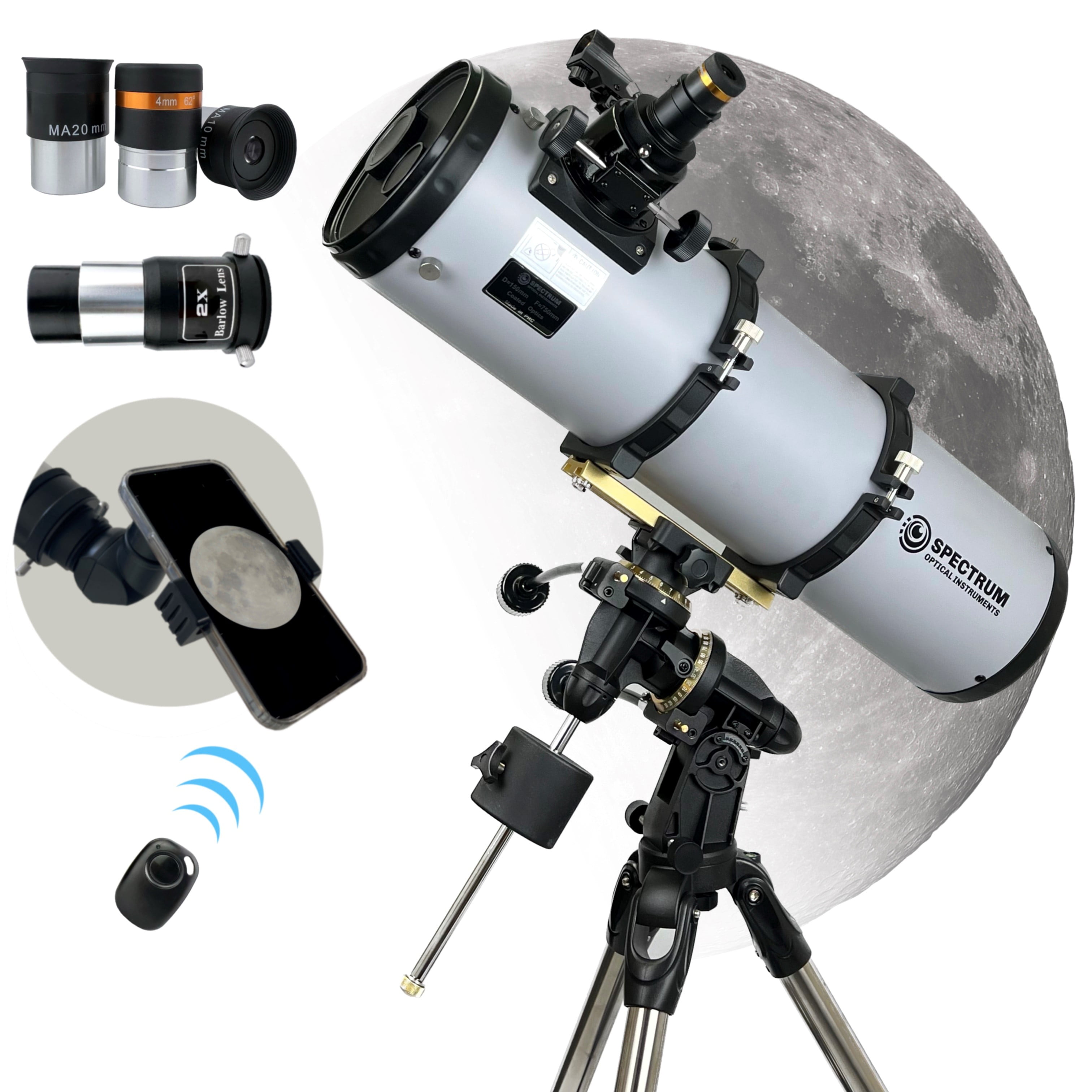 Spectrum Optical Instruments - PolarPlus 150EQ (5.9 inch) Professional Equatorial Reflector Telescope 25X -275X Zoom Smartphone Adapter and Remote Shutter - Compact and Portable