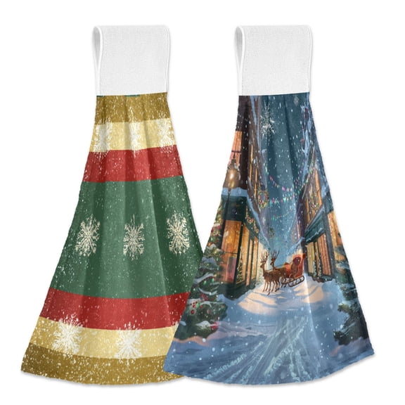 IAUYY Kitchen Hanging Towels Set of 2 100% Polyester Absorbent, Super Soft Hand Towels with Hanging Loops for Bathroom Kitchen Three-color Christmas Three Reindeer