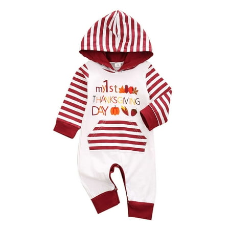 

Baby Girls Boys Striped Hooded Thanksgiving Autumn Winter Long Sleeve Romper Jumpsuit Clothes Boys Clothes Baby