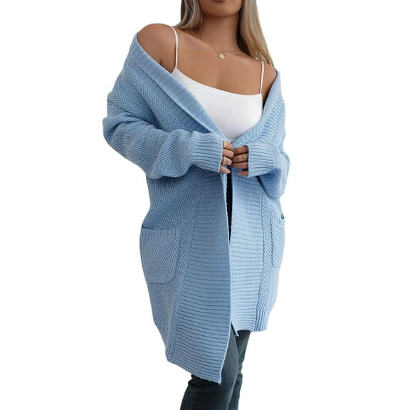 Fall Long Sleeve Cardigan Sweaters for Women Trendy Winter Open Front Loose Knitted Cardigan with Pockets Blue M