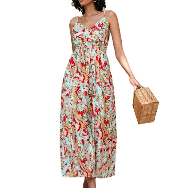 Bomotoo Ladies Kaftan Maxi Dresses V Neck Casual Summer Beach Sundress Work Hawaiian Spaghetti 4540