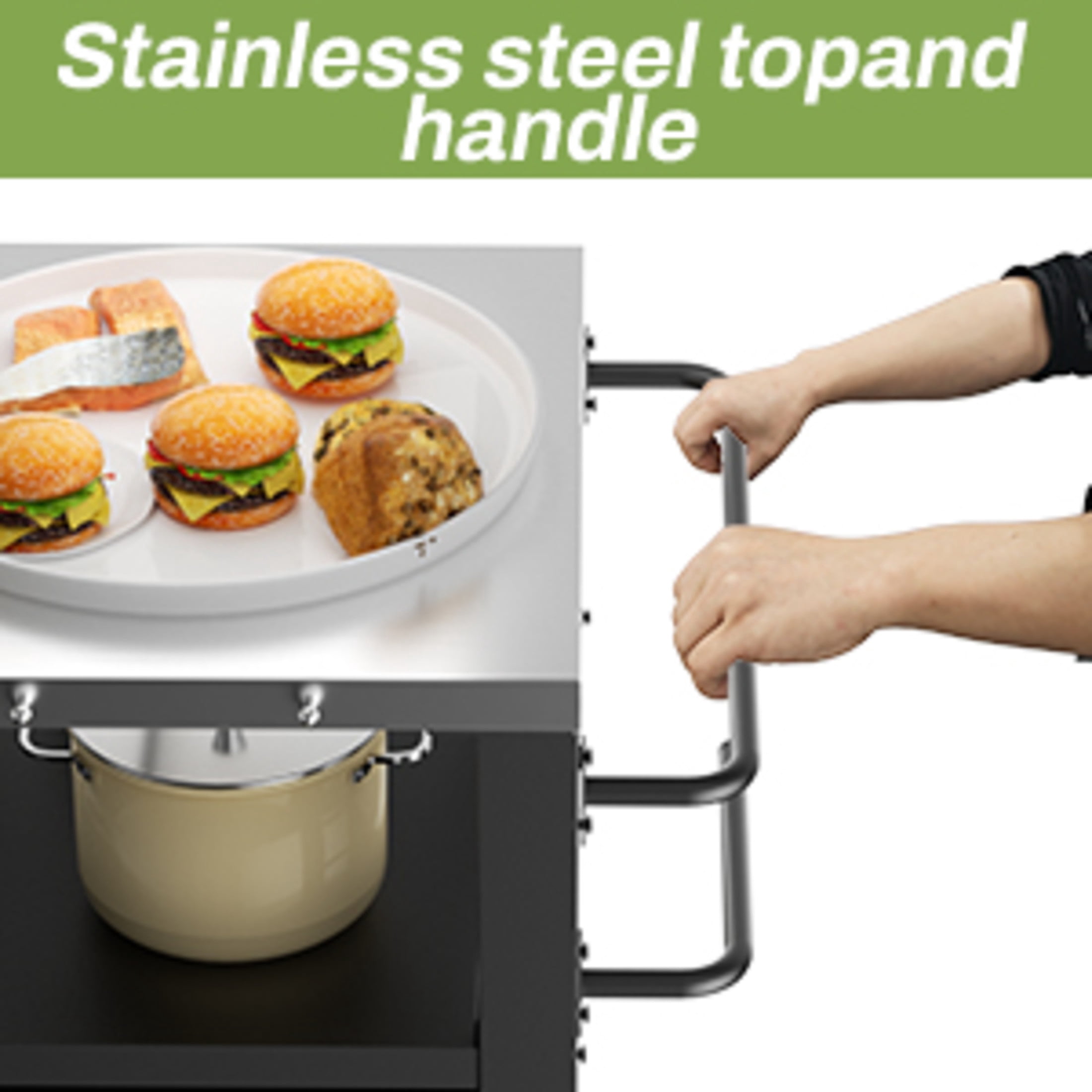 Noble House Outdoor BBQ Grill Table Cart, Stainless Steel Rolling Bar Cart with Cabinet, Hooks & Locking Wheels, Black