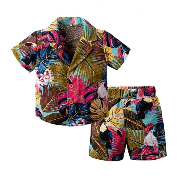 KYAIGUO Toddler Kids Boys Shirt 2PCS Outfit Summer Hawaiian Button down Shirt Shorts Summer Breathable Cotton Set Sized 18M-6Y