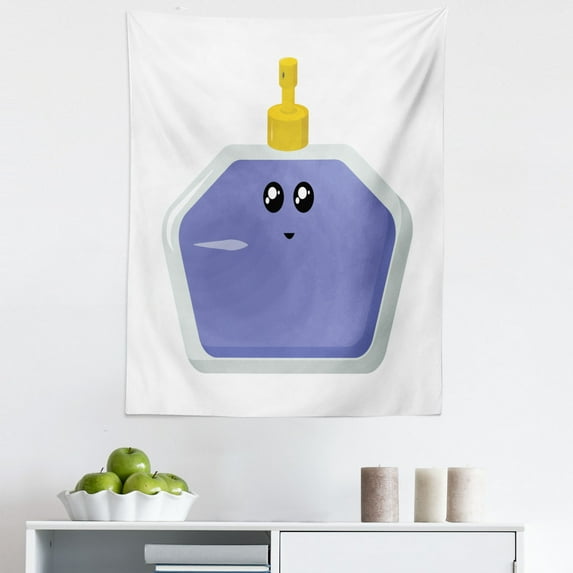Perfume Tapestry, Funny Cartoon Style Drawing of Fragrance Bottle with Eyes Artwork, Fabric Wall Hanging Decor for Bedroom Living Room Dorm, 5 Sizes, White and Dark Ceil Blue, by Ambesonne