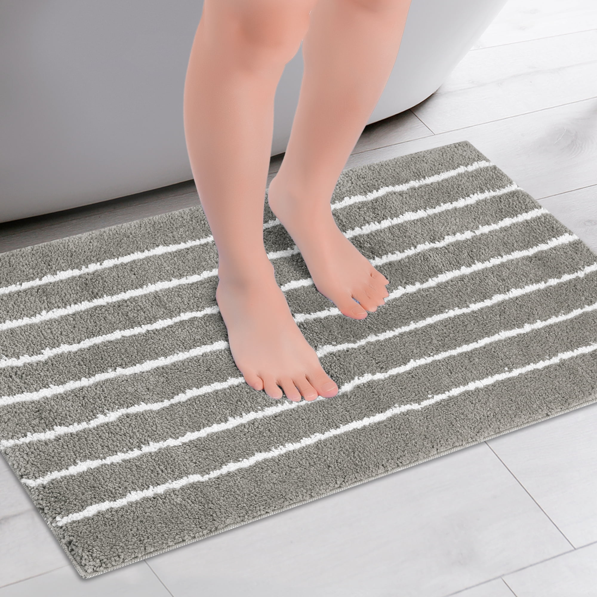 Unique Bargains Striped Bathroom Rug Non-Slip Fluffy Bath Carpet Water Absorbent Bathmat Dark Grey 16" x 24"