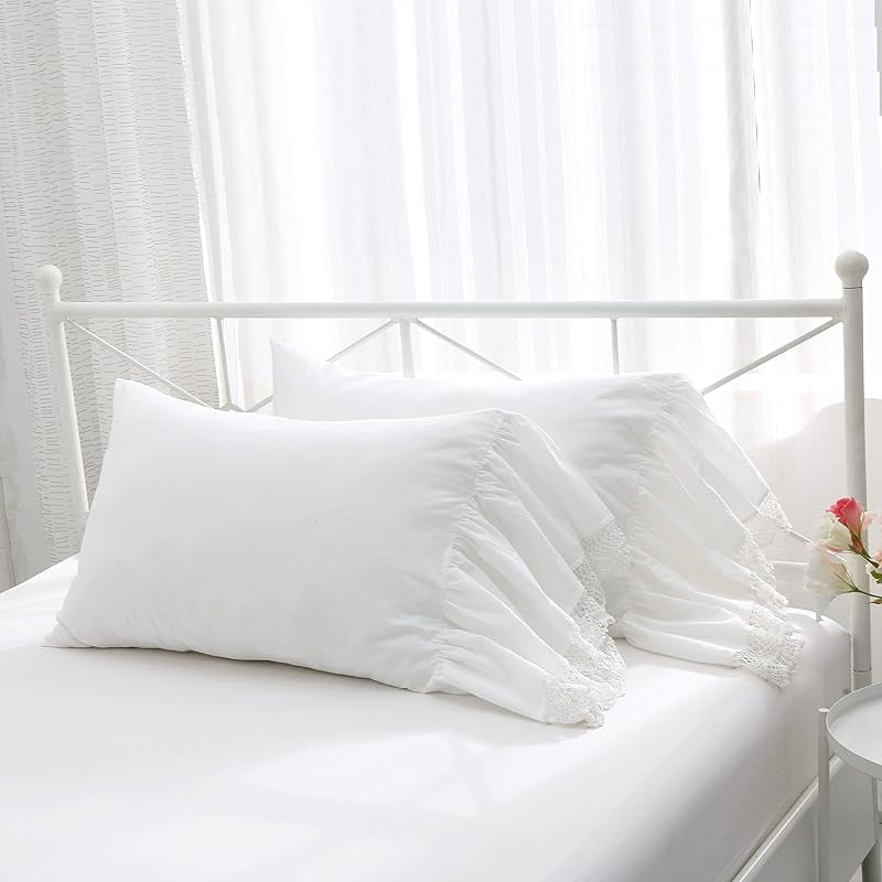 Ivory White Crocheted Lace Pillow Shams with Long Ruffles Cotton Standard Twin Size Pillowcases 26"X20" 2-Pack