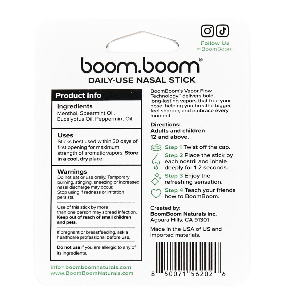 BoomBoom Spearmint Nasal Sticks with Vapor Flow Technology, 2 Pack