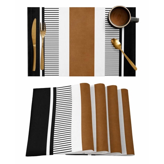 Modern Brown Black Placemats Set of 4, Boho Contemporary Geometric Striped Placemats for Dining Table, Place Mats for Kitchen Tabletop, Waterproof Wipeable Dining Table Mats Set