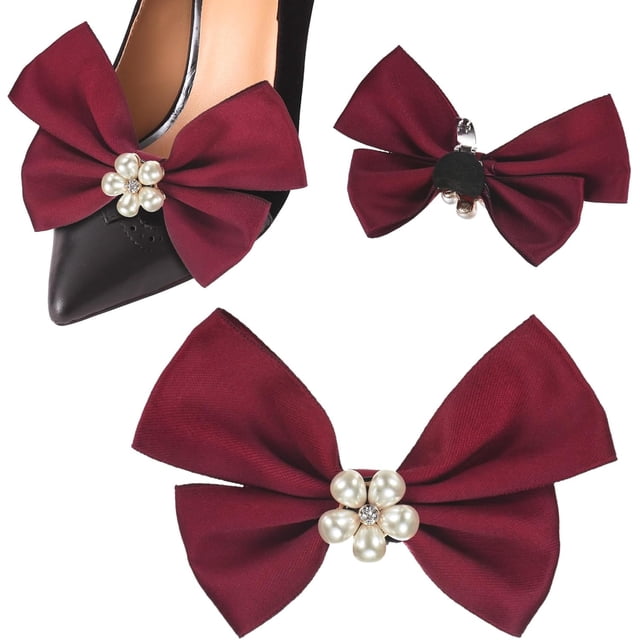 2-Pack Bow Shoe Clips, Satin Elegant Detachable Buckle Bridal Heels Accessories with Pearl Rhinestone for Wedding