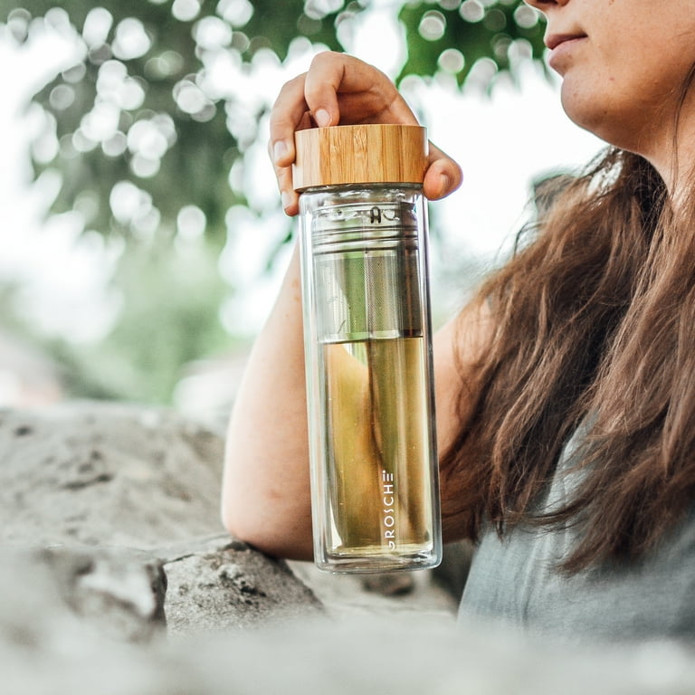 GROSCHE COPENHAGEN Tea and Fruit Infuser Water Bottle - Double Walled Glass  | Hot & Cold Tea Infuser Bottle, Glass Water Bottle with Bamboo Lid and ...