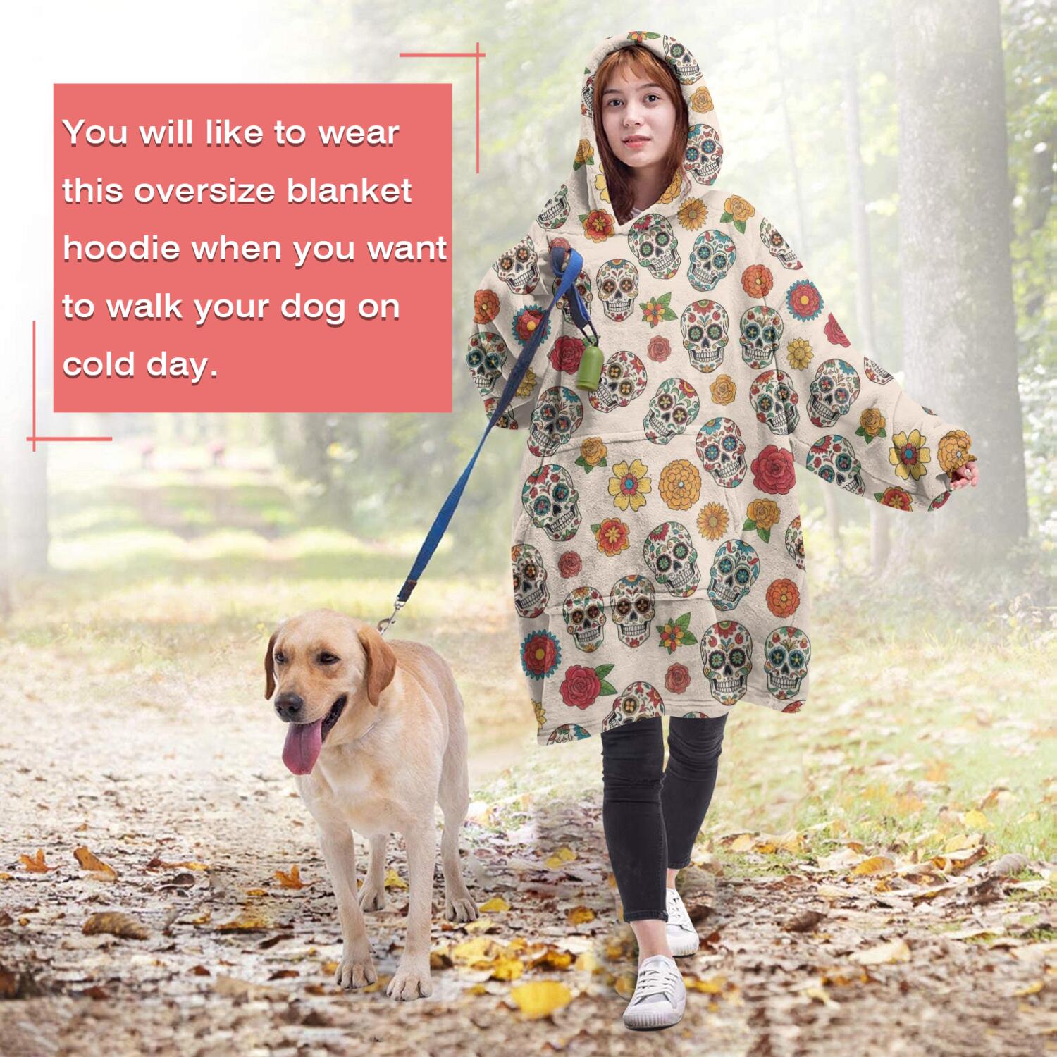 Wearable Oversized Blanket,Beige Floral Skull Pattern Wearable Blanket Hoodie for Adults,Cozy Hooded Blankets with Super Pockets,Super Warm Fuzzy Pullover for Women & Men