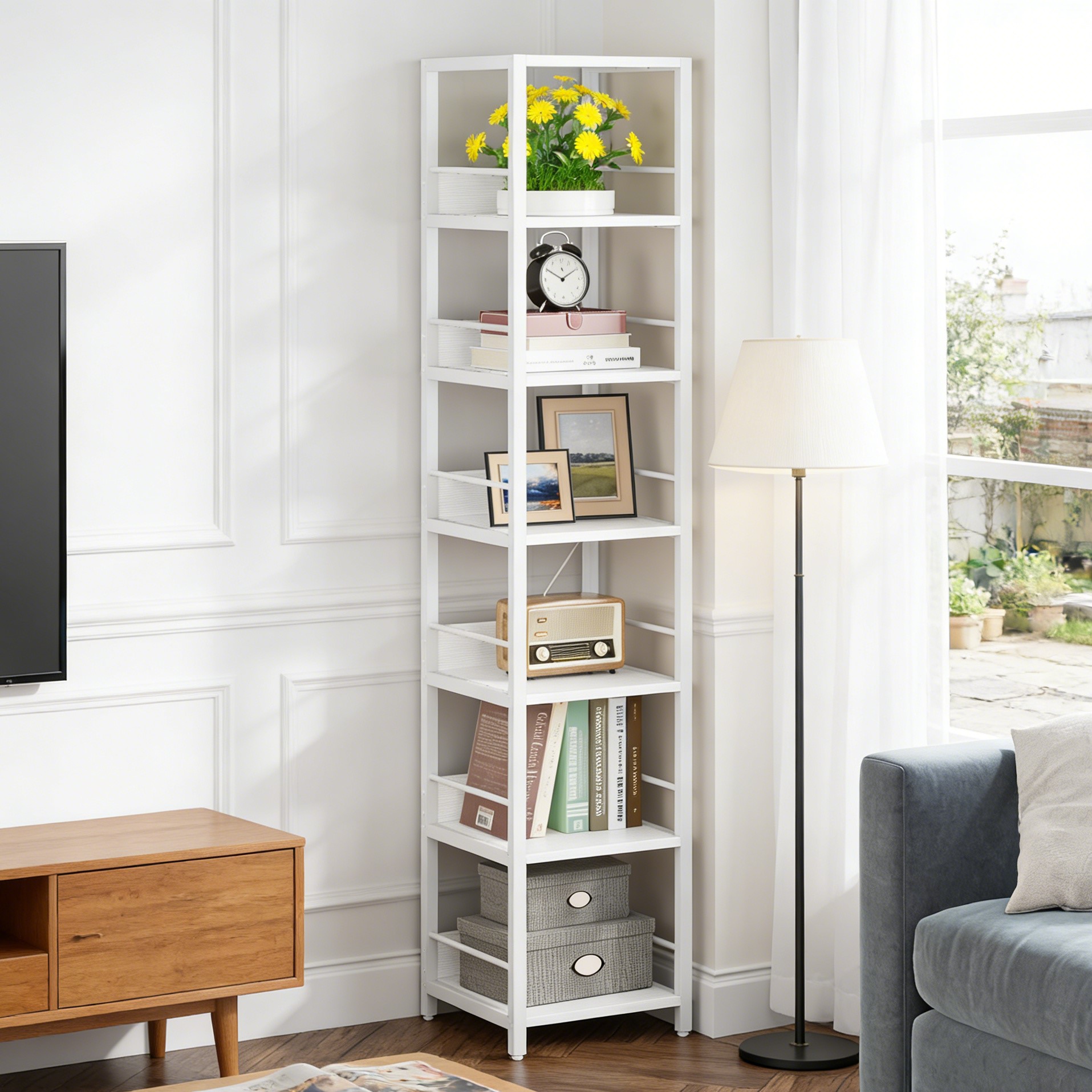 Fnova 75" 6-Tier Corner Bookshelf, Tall Narrow Rustic Wood Open Storage Rack, Square Bookcase Display Stand for Small Spaces in Living Room, Bathroom