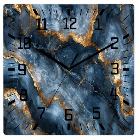 Navy Blue Marble Wooden Wall Clock Silent Non Ticking, Modern Art Contemporary Yellow Square Wall Clocks Battery Operated, Decor Clock for Home Office, Living Room, Kitchen, 10 Inch
