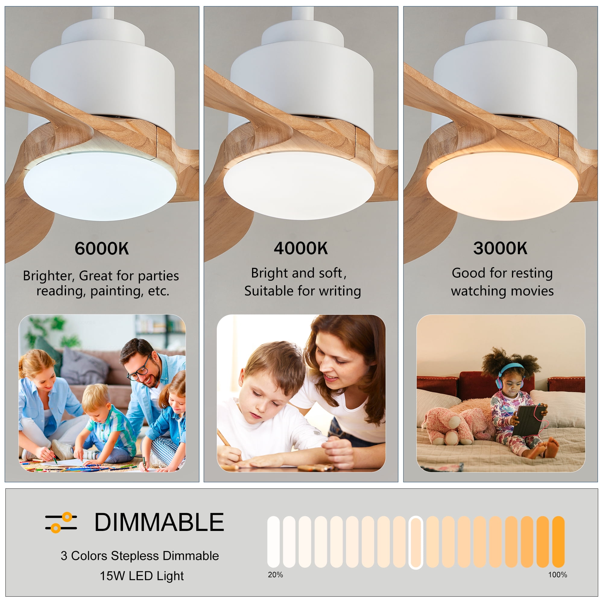 Ceiling Fan with Light, 52 Inch Solid Wood Blade Fan for Home Living Room Indoor Decor, White Wood