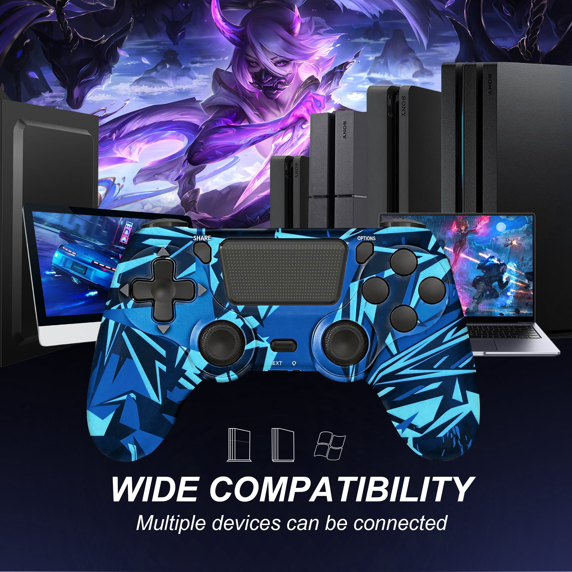 Wireless Gaming Controller Compatible with P-4/P-4 Slim/P-4 Pro/PC, Game Remote Controller with Dual Vibration/3.5mm Audio Jack/6-Axis Gyro/Touch Pad
