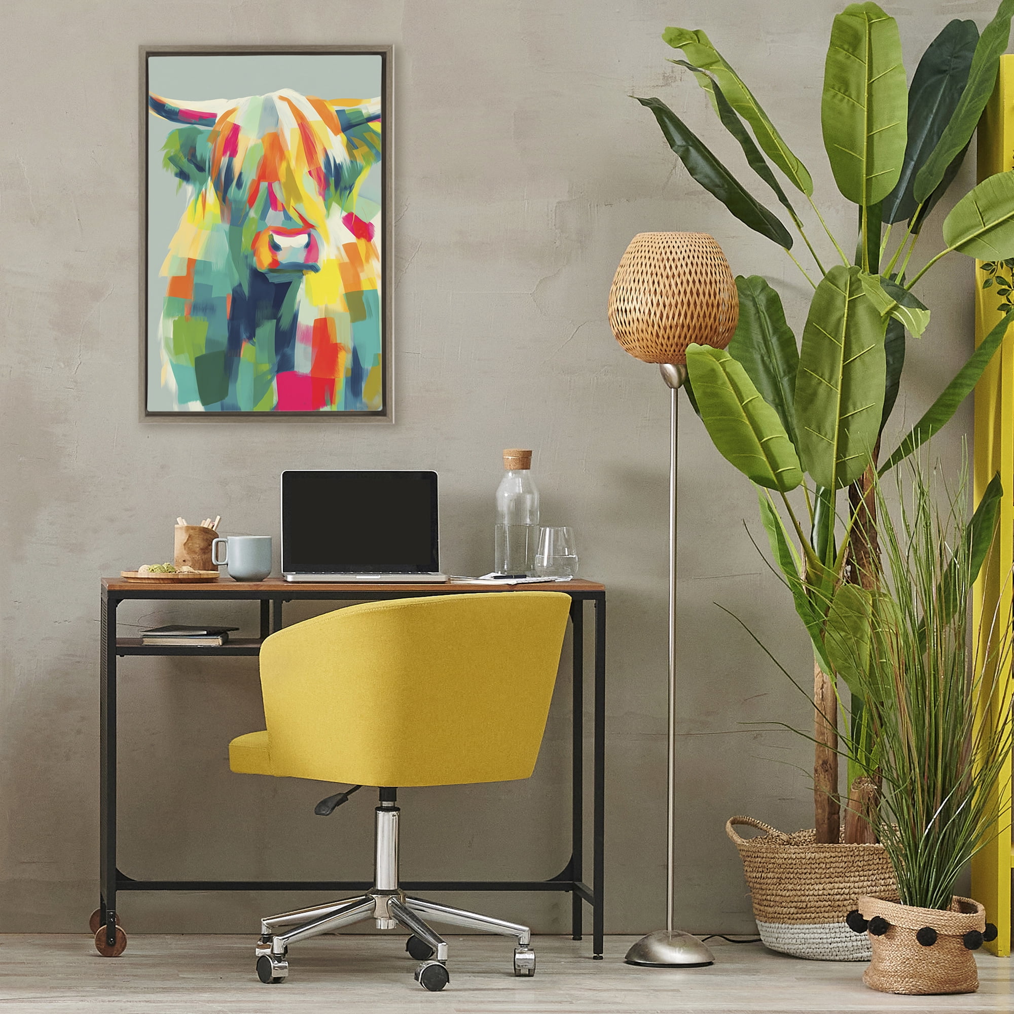 Stupell Industries Highland Cow Abstract Patchwork Brown Framed Floater Canvas Wall Art, design by Chromatic Storm Studio