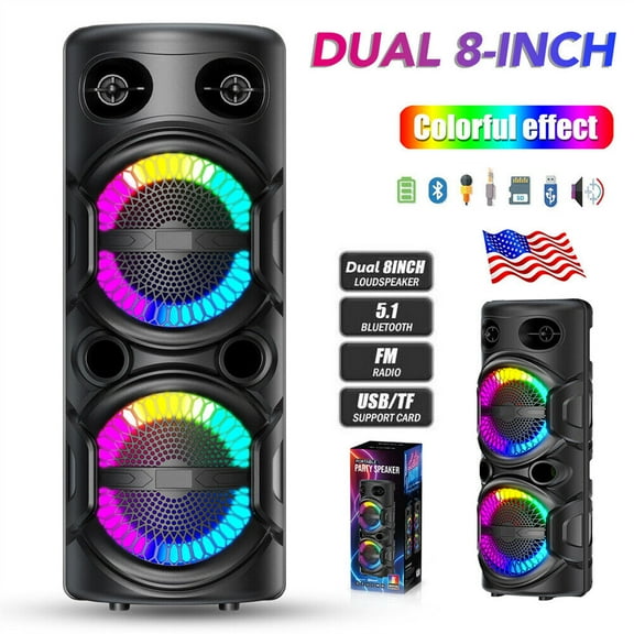 Curuk Wireless Portable Speaker, Bluetooth Speaker Dual 8" Woofer Karaoke Heavy Bass Stereo Sound PA System & Mic, Remote, FM, LED Light