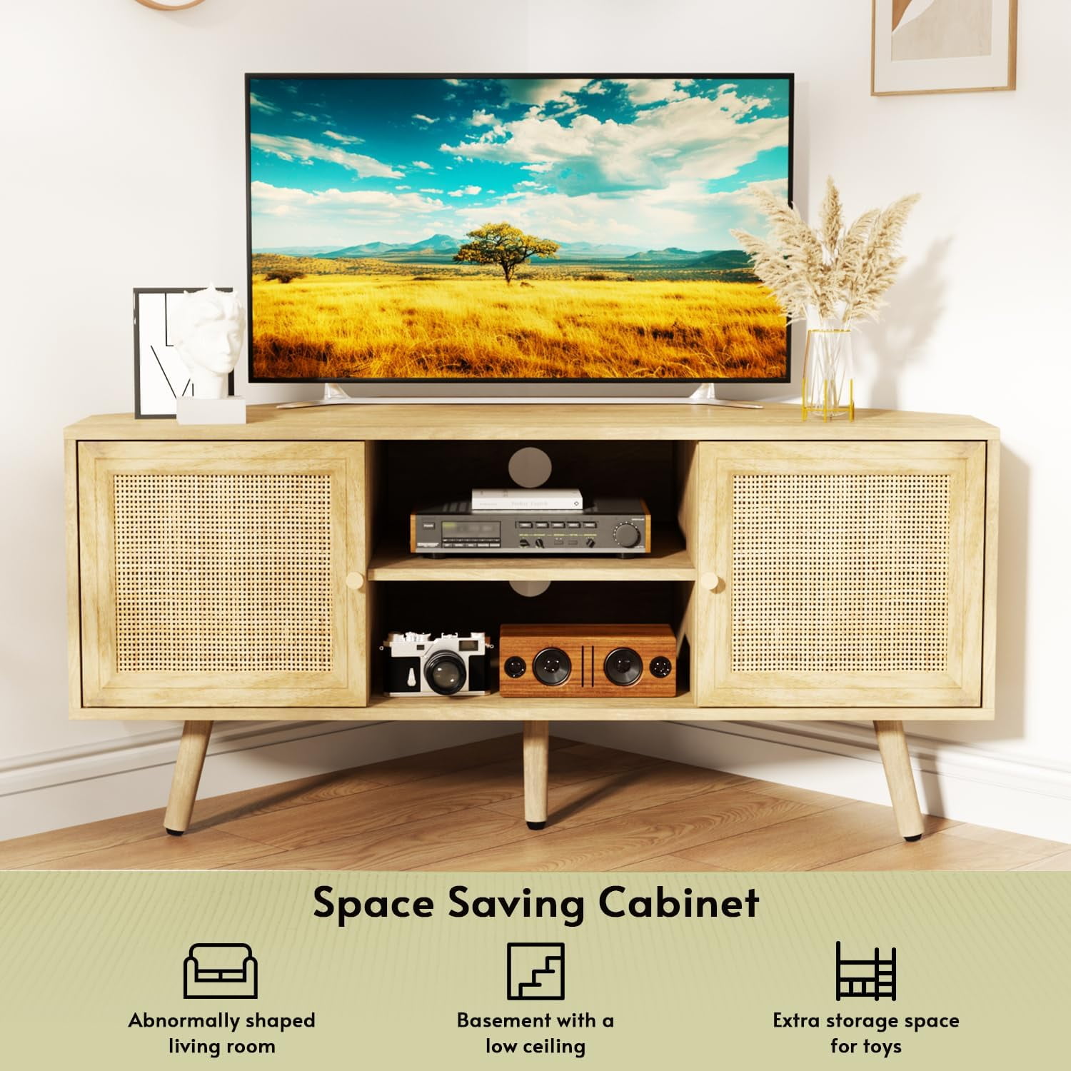 LAZZO Corner TV Stand for 55 Inch TV, Boho Entertainment Center with Rattan Doors, Storage Media Console with Solid Wood Feet & 2 Cord Holes, Natural, for Living Room