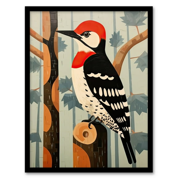 Cute Woodpecker Bird on Forest Tree Red Blue Brown Retro Mosaic Painting Art Print Framed Poster Wall Decor 12x16 inch