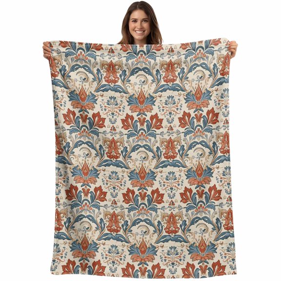 Boho Floral Blanket Soft Cozy Warm Throw Blanket for Couch, Plush Fuzzy Flannel Fleece Blankets for Sofa, Farmhouse Vintage Red Blue Flower Plant Bed Blankets Lightweight Gifts for Women, 32"x48"