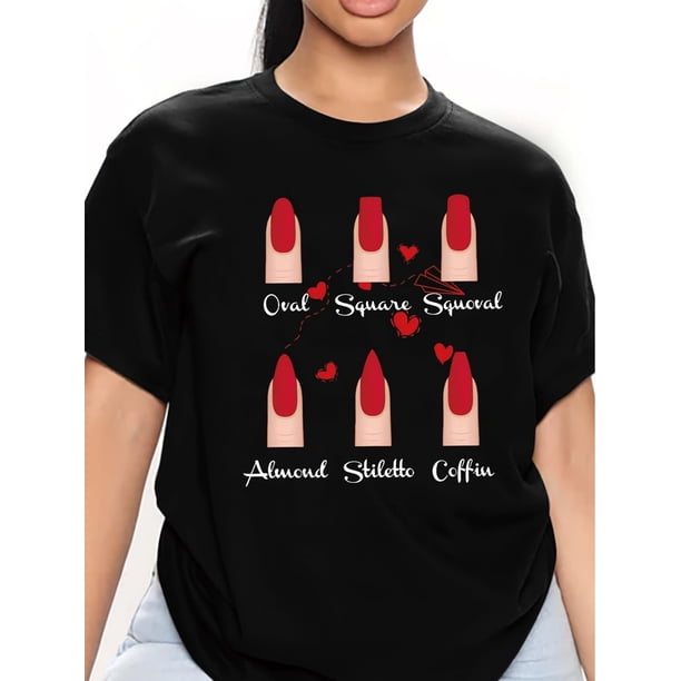 Nail Shape Reference Guide Printed Round Neck T-Shirt + Spring And Summer Casual Short-Sleeve T-Shirt + Women'S Clothing