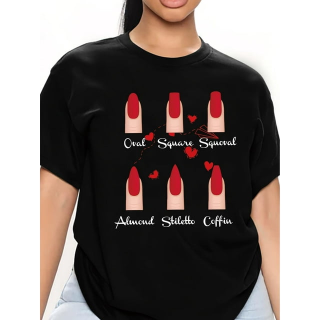 Nail Shape Reference Guide Printed Round Neck T-Shirt + Spring And Summer Casual Short-Sleeve T-Shirt + Women'S Clothing