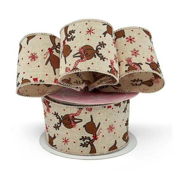 2.5" Wide Christmas Reindeers Natural Wired Ribbon - 10 Yards (56113810)