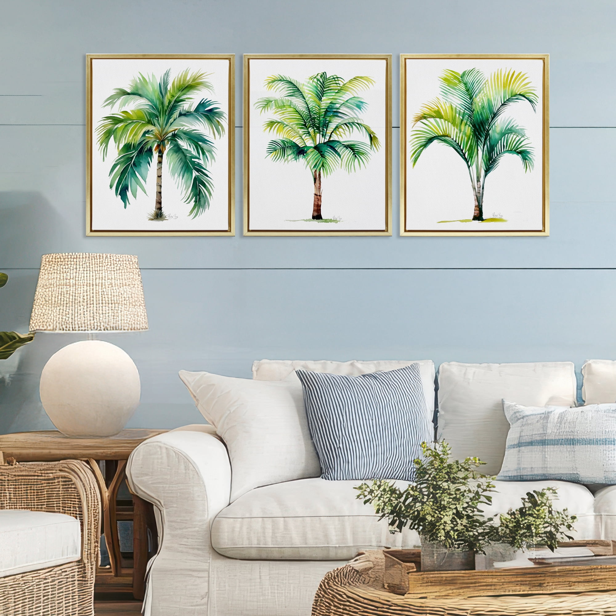 Stupell Industries Exotic Lagoon Palms 3 Piece Gold Framed Floater Canvas Set, design by Shelly Craig