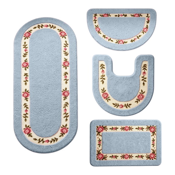 WSSZL Vibrant Rose Floral Bathroom Rug Set, Non-Slip Absorbent Bath Mats, Machine Washable, Full Bathroom Coverage, Shower Toilet Sink Use, Home Decor,Blue