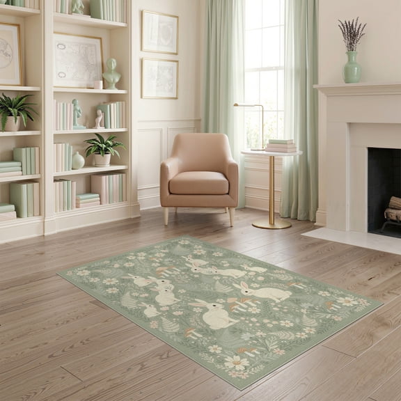 ODIKA Bunny Whimsical Woodland Forest Print Folk Botanical Border Ripple Flowing for Playroom, Bedroom, Reading Nook, Pet Friendly & Kids Safe Play