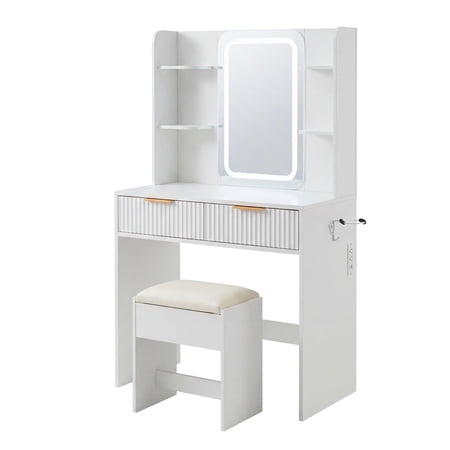 Small Lighted Vanity Desk Set with Mirror, LED Lights & Stool – Charging Station, Jewelry Storage – Compact Dressing Table – White, 53.1"H for Bedroom