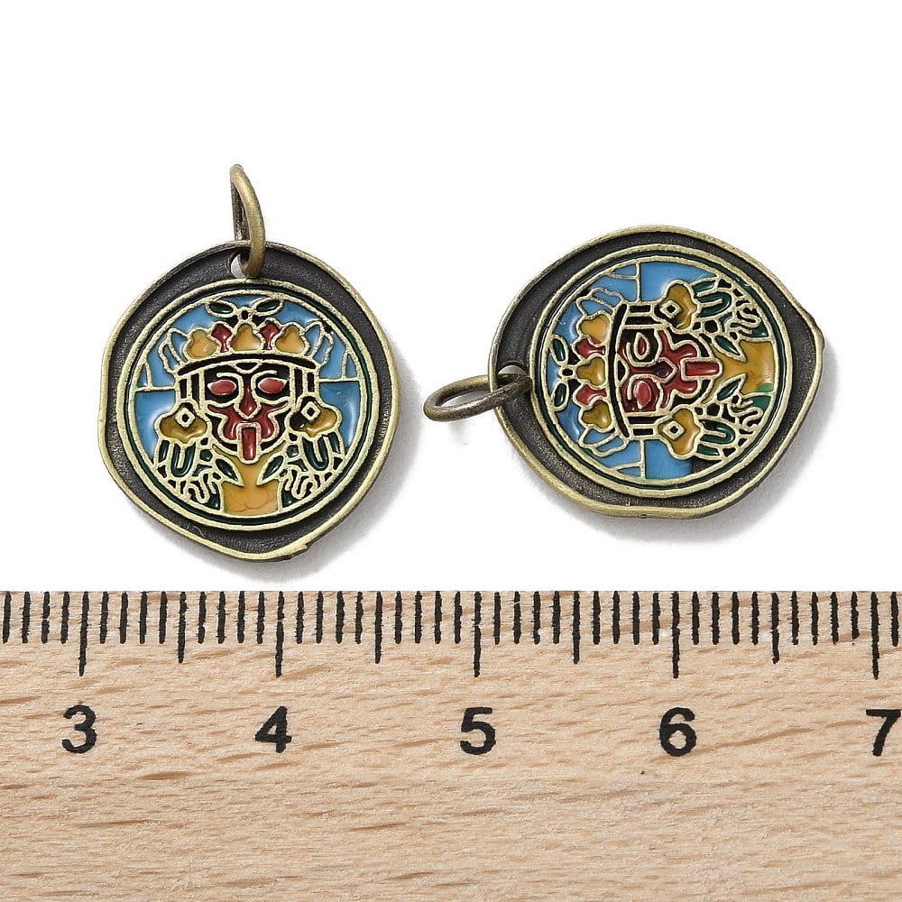 20pc Brass Enamel Pendants with Jump Ring Cadmium Free & Lead Free Flat Round with Zakiram Charm Bronze 17x15.5x1.5mm Hole: 4mm