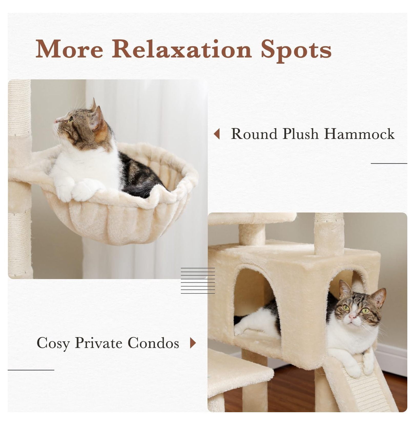 60'' Cat Tree Tower, Large Cat Condo with Scratching Posts, Cozy Hammock, Beige Indoor Cat Climbing Tower for Adult Cats