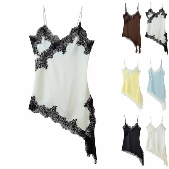 FRSASU Women's Sleeveless Lace Spliced Asymmetrical Hem Dress Short Sleeping Skirt