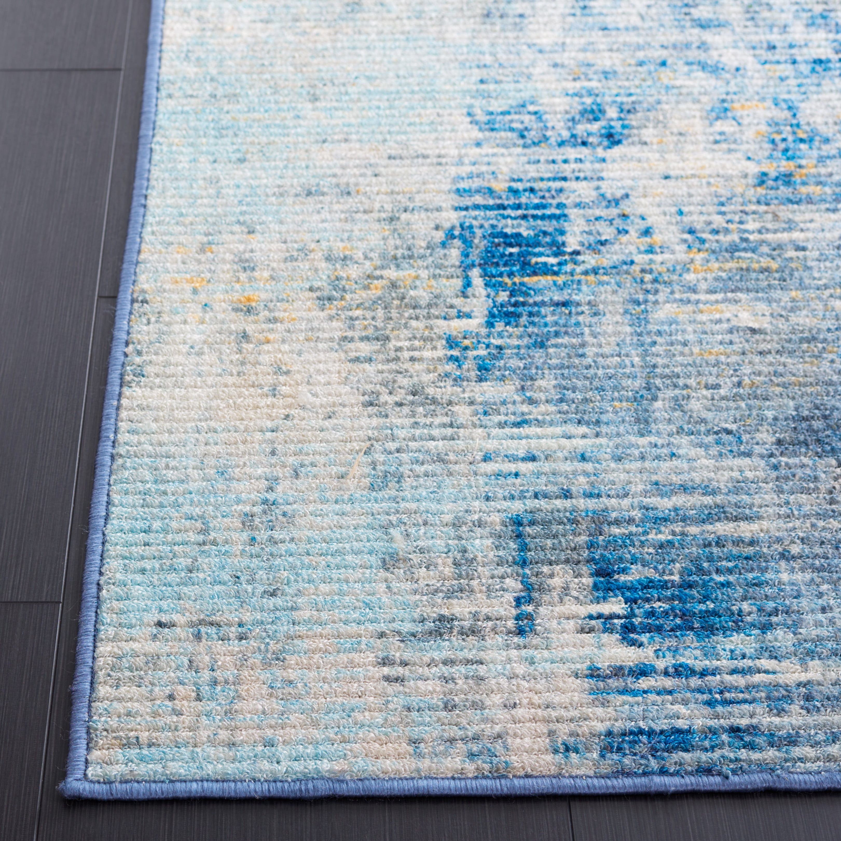 SAFAVIEH Sequoia Utica Abstract Polyester Machine Washable Area Rug, Ivory Blue/Gold, 5'5" x 7'6"