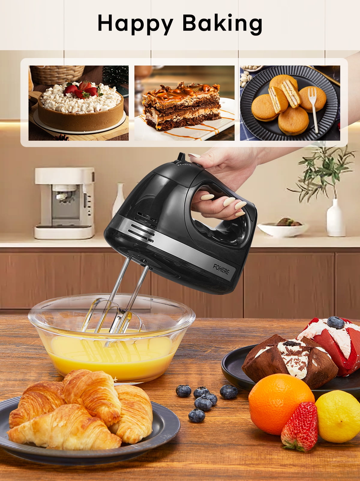 Hand Mixer with Storage Box, 5 Speeds and Turbo, FOHERE Electric Egg Beater with 6 Accessories