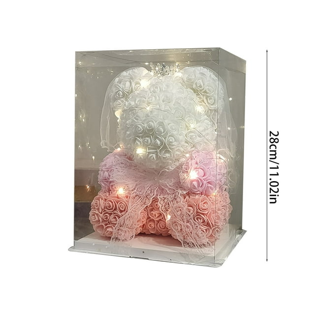 Decoraciones para San Valentín, adornos para San Valentín, regalos para San Valentín, oso de peluche con rosas artificiales de 25 cm con luces, incluye caja de regalo transparente, decoraciones de plá