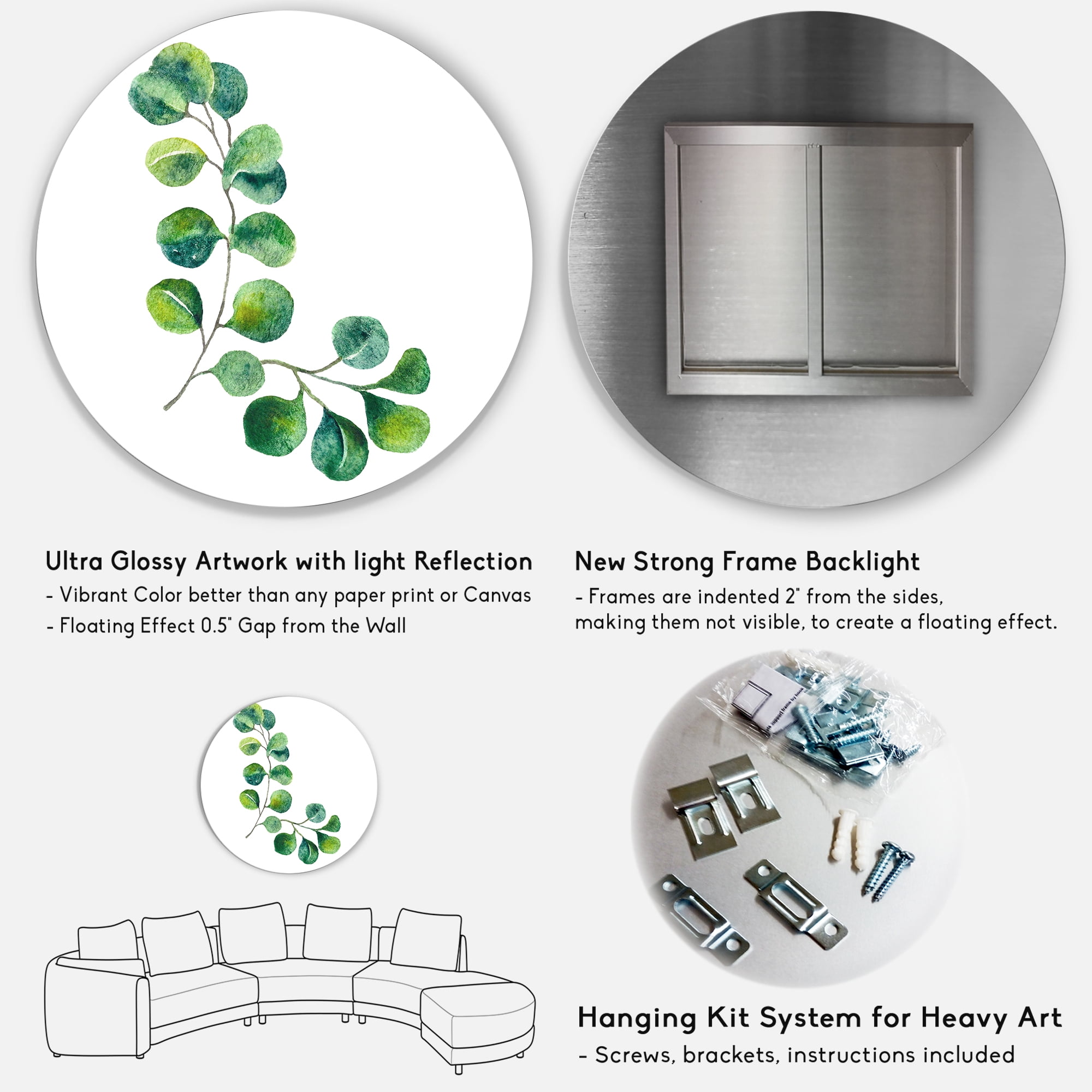 Designart 'Green Eucalyptus Plant Branches II' Traditional Circle Metal Wall Art 23x23 - Disc of 23